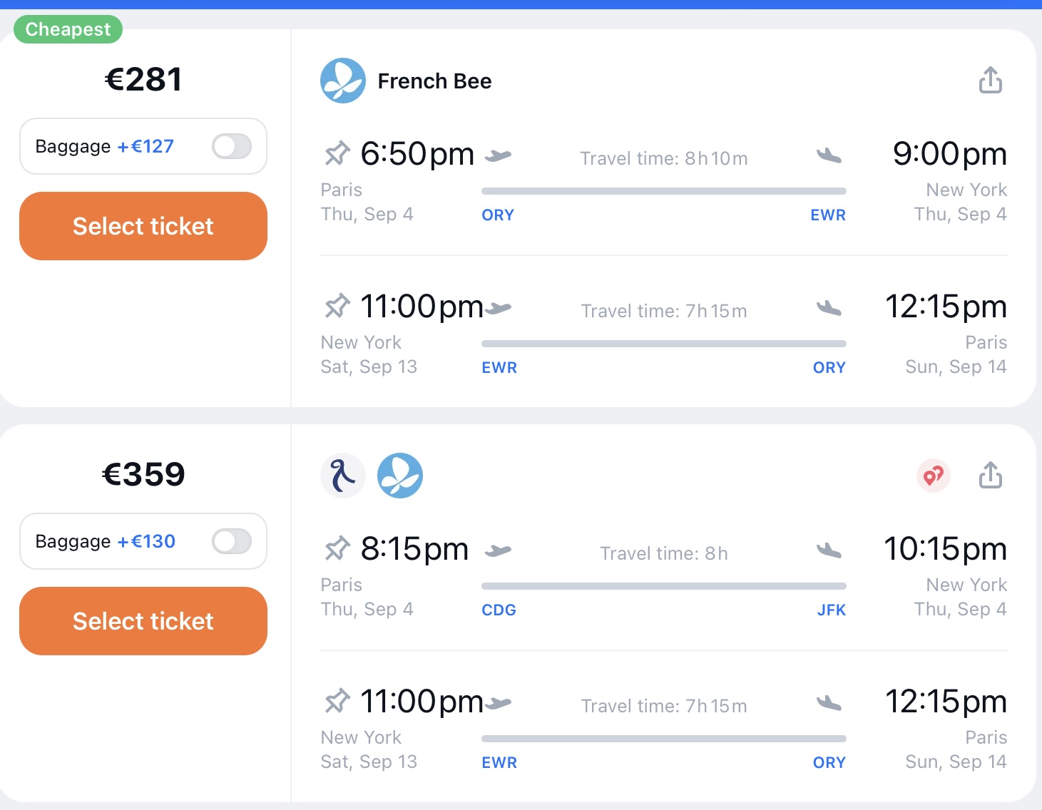Flight deal example Paris to New York