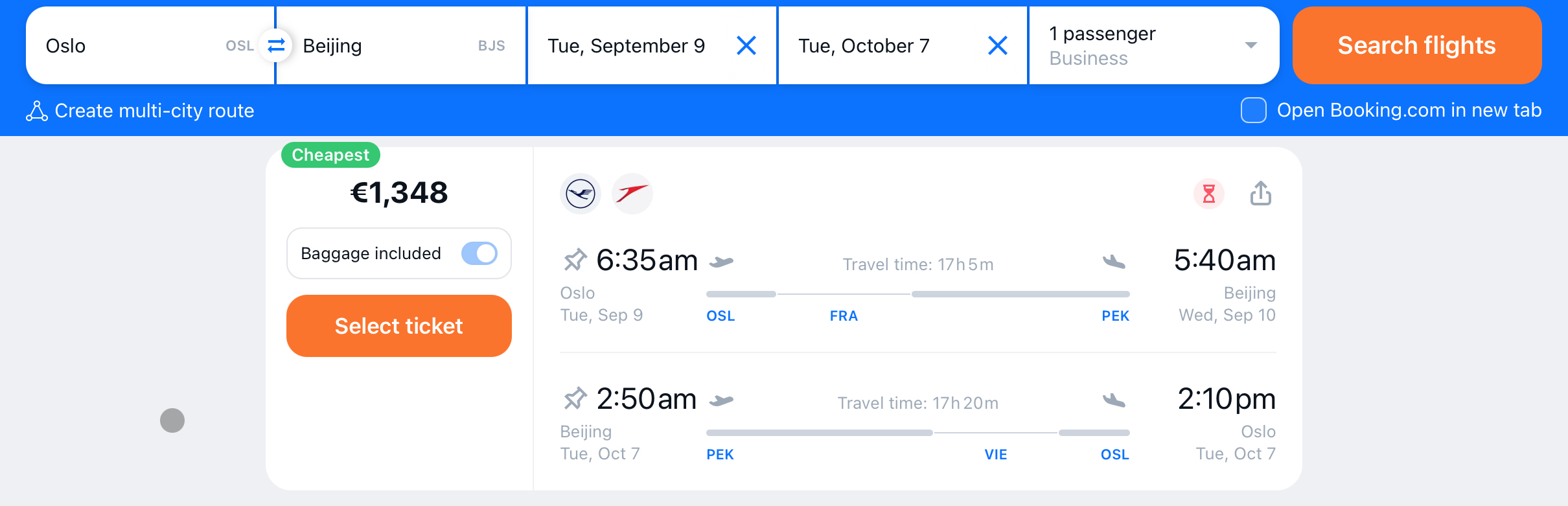 Booking Screenshot Oslo to Beijing